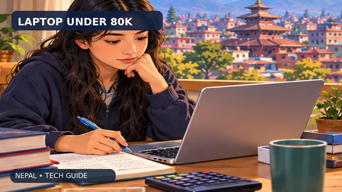 Original illustration for laptop under rs. 80,000 in nepal: student configurations, showing Nepali technology and shopping context