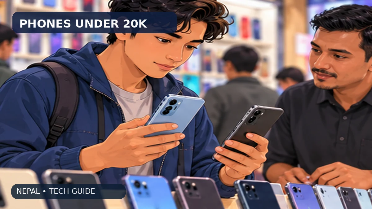 Original illustration for phone under rs. 20,000 in nepal: what to check, showing Nepali technology and shopping context
