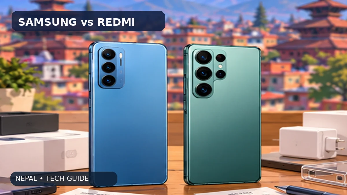 Original illustration for samsung vs redmi in nepal: variants, warranty and prices, showing Nepali technology and shopping context