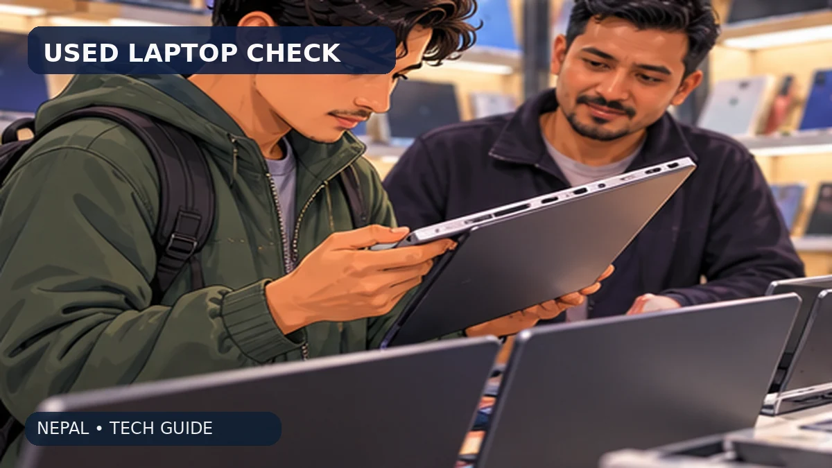 Original illustration for buying a used laptop in nepal: 11 checks before paying, showing Nepali technology and shopping context