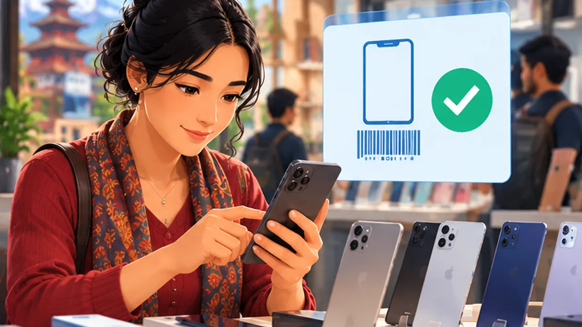 Original editorial illustration showing a Nepal-focused guide: NTA MDMS / IMEI check