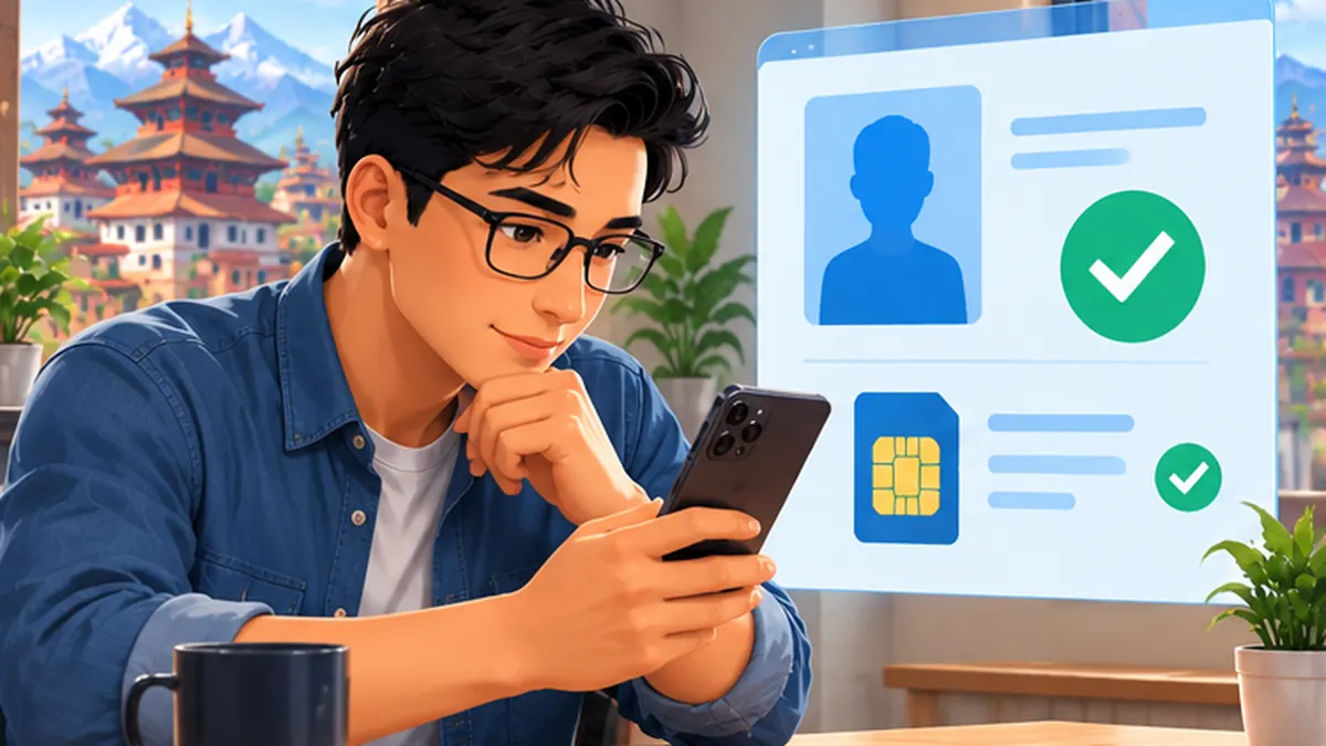 Original editorial illustration showing a Nepal-focused guide: SIM ownership verification