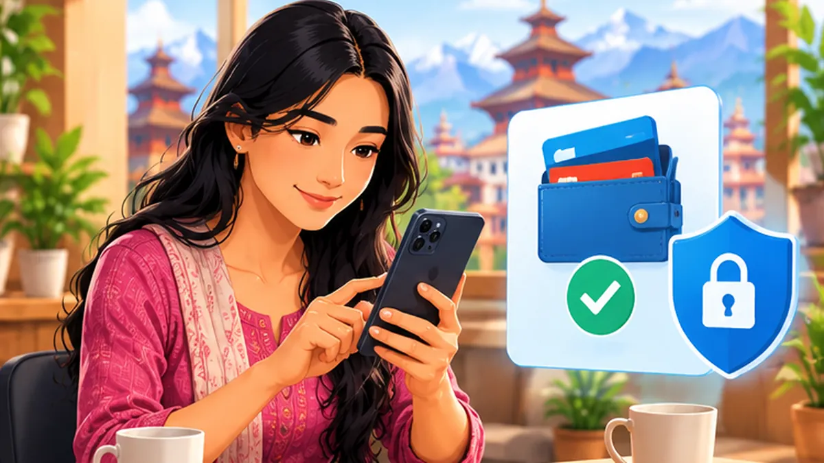 Original editorial illustration showing a Nepal-focused guide: Digital wallet scam safety