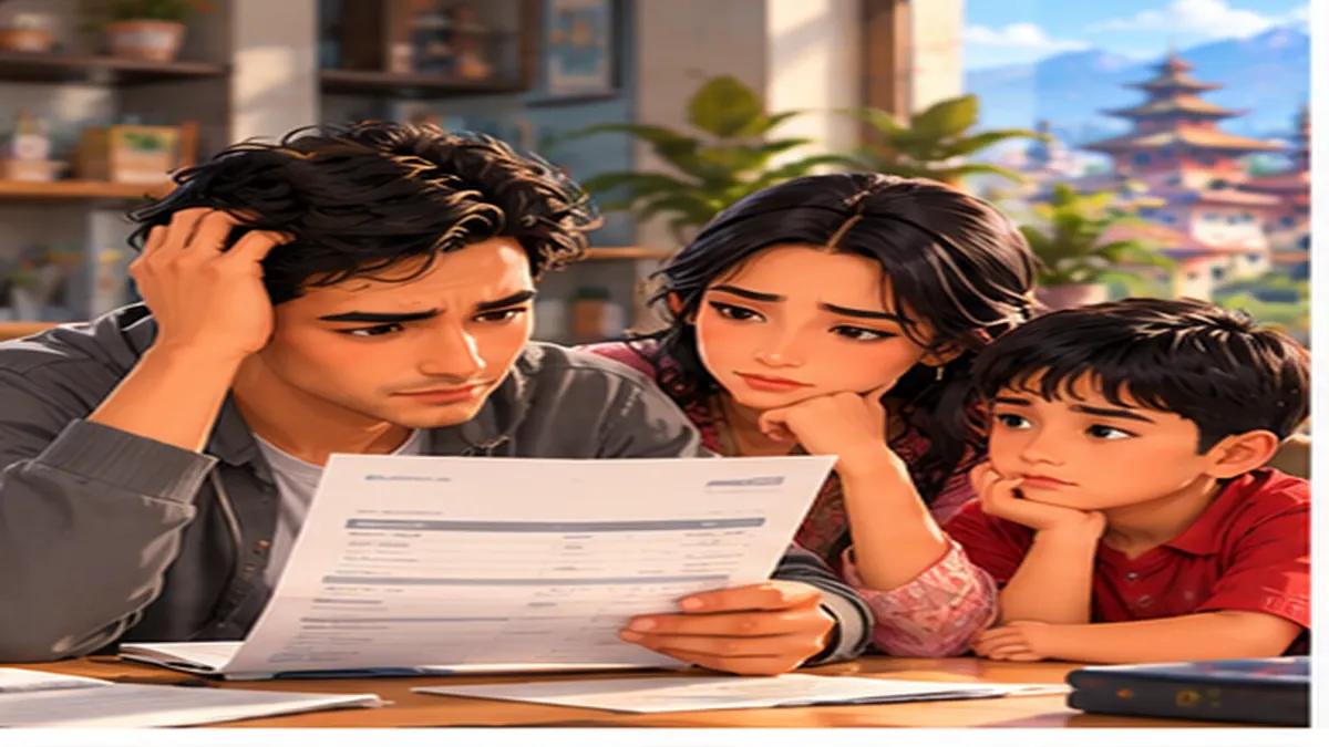 Illustration of a Nepali family reviewing a higher internet bill at home