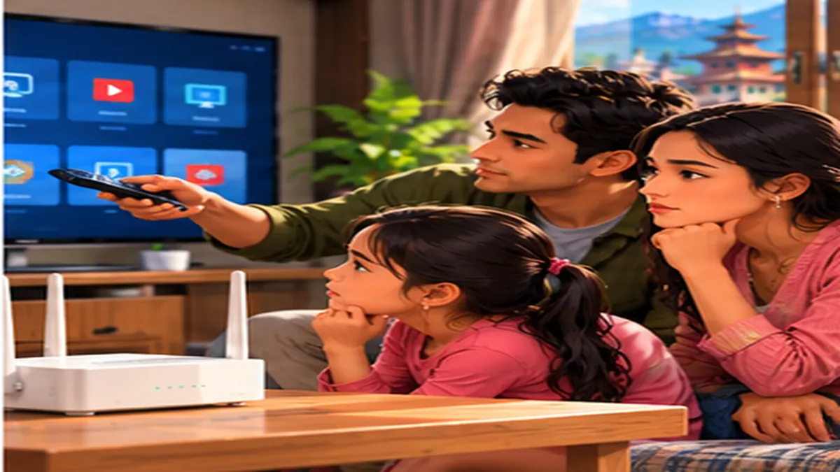 Illustration of a Nepalese family watching television through home Wi-Fi