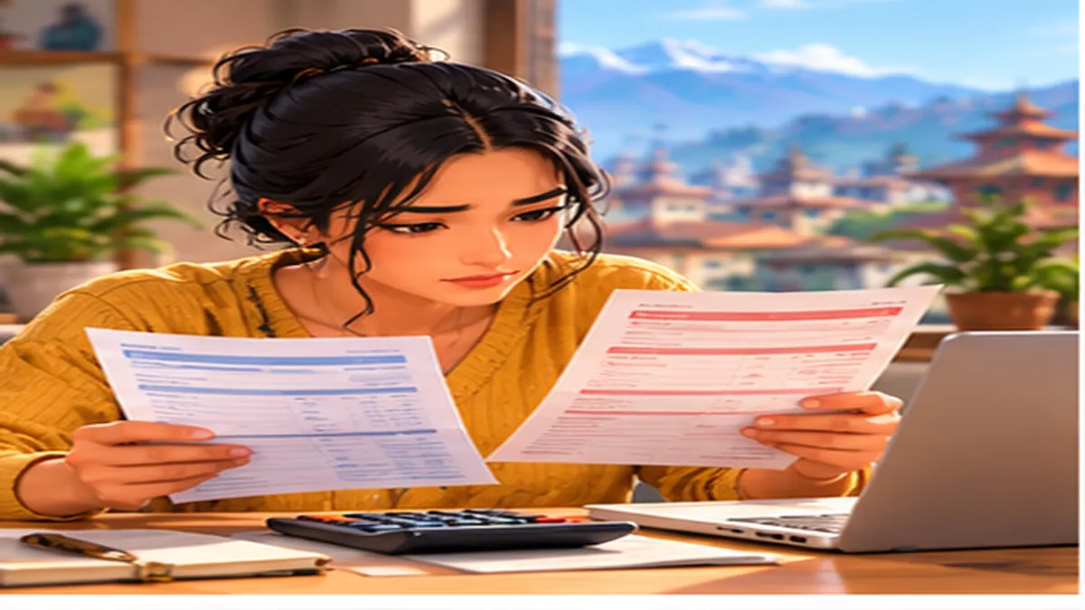 Illustration of a Nepali woman comparing broadband quotations and service plans