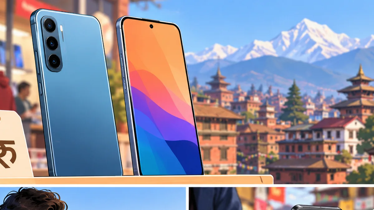 Nepal mobile phone shop with Himalayan city and rupee price label