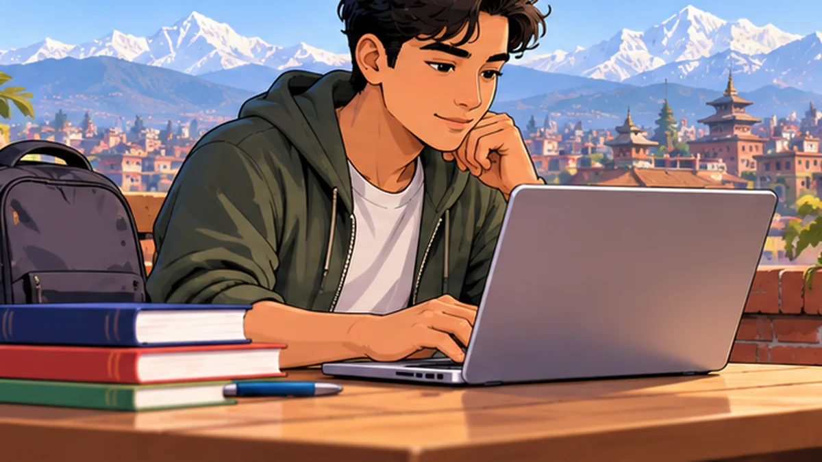 Nepali student with laptop and study books near Himalayan landscape