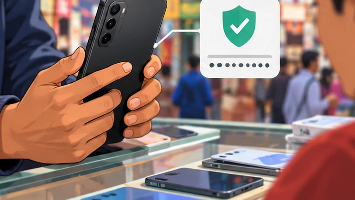 Hand checking used smartphone with device security verification symbol in Nepal shop