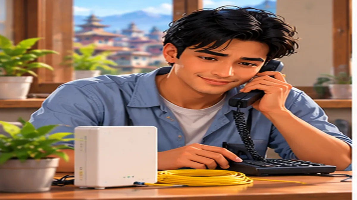 Illustration of a customer calling Nepal Telecom beside a fibre modem