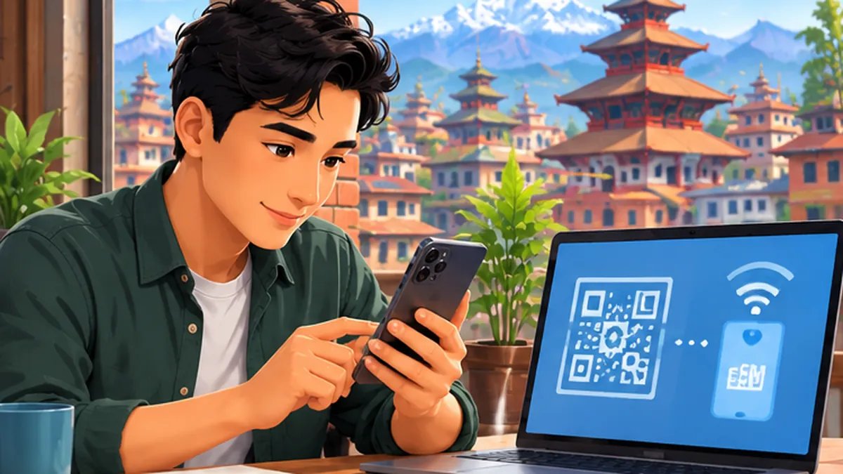 Original editorial illustration showing a Nepal-focused guide: NTC eSIM in Nepal