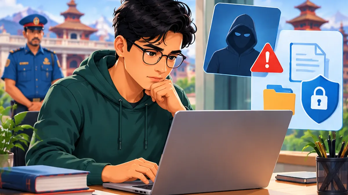 Original editorial illustration showing a Nepal-focused guide: Report cybercrime in Nepal