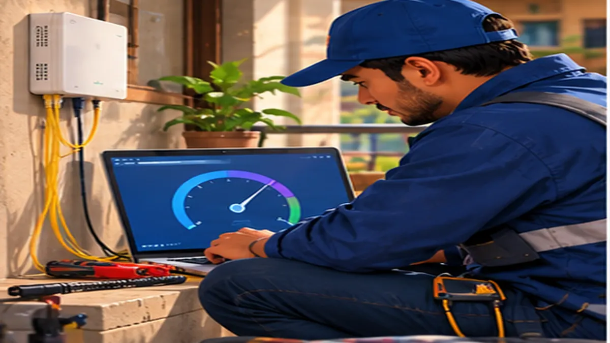 Illustration of a technician examining fibre broadband connection in a Nepali home