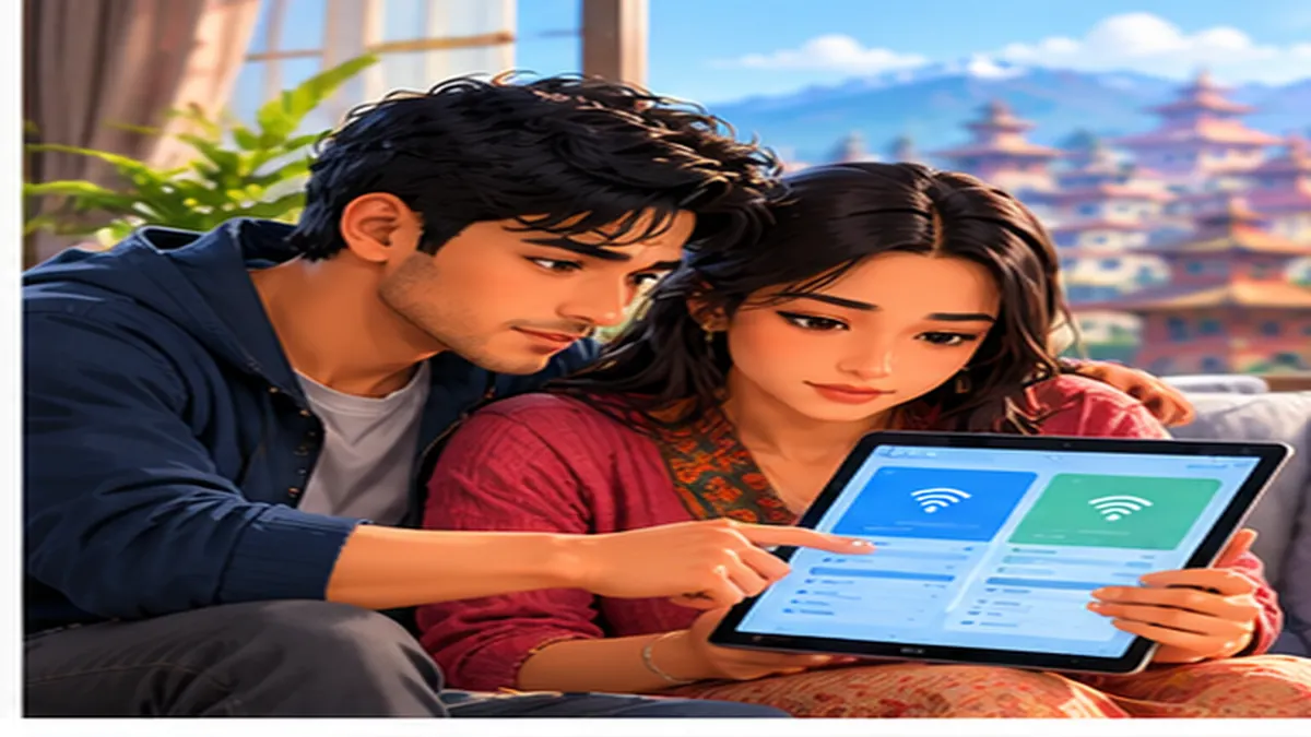Illustration of a Nepali couple viewing internet plan options on a tablet