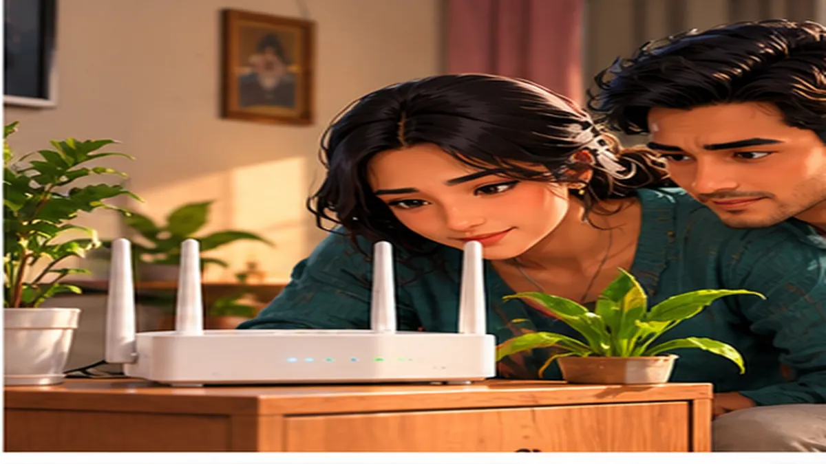 Illustration of a couple checking router performance and broadband bundles